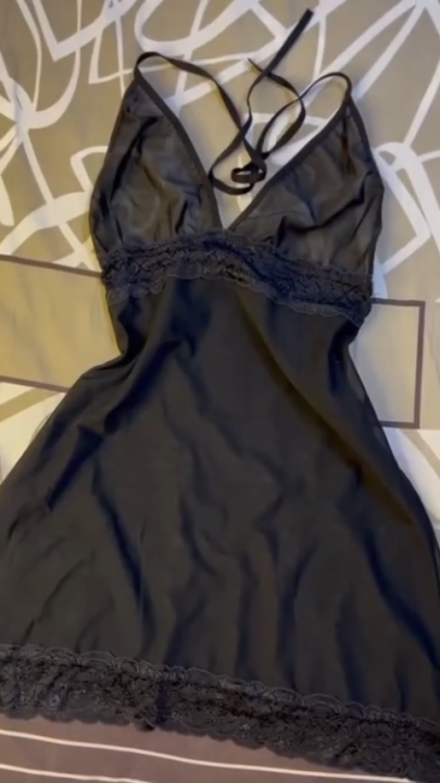Elegant Lace Trim Mesh Sleeveless Nightdress with G-String Panty Set - Black