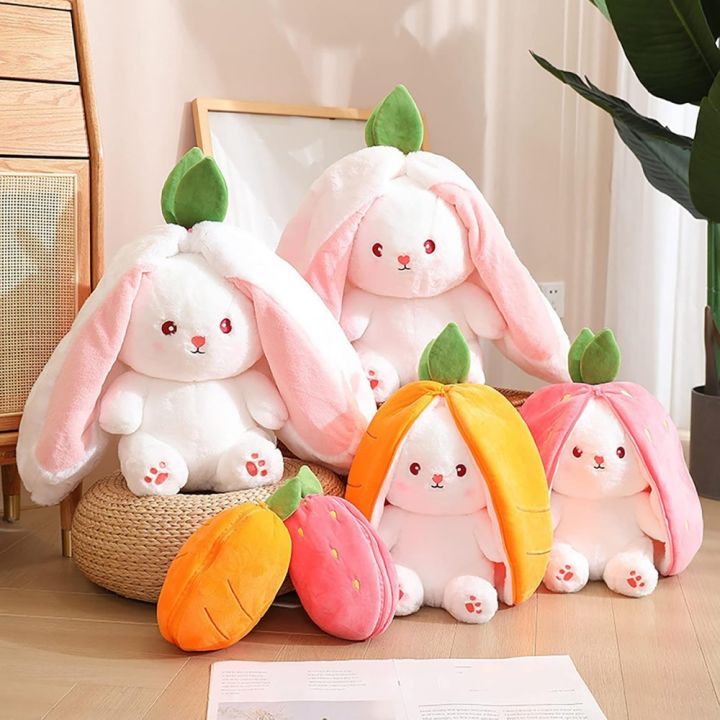 Bunny Plush Doll Toy Pillow, Reversible Carrot Strawberry Bunny Stuffed Animal with Zipper, Cute Rabbit Decoration for Kids
