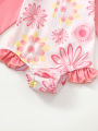 Baby Girl Summer Cute Flower Long Sleeve Onesie Swimsuit with Sun Hat Infant Swimming Suit with UV Protection. 