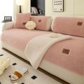 Solid Sherpa Anti-Slip Sofa Cover with PU Label Decor for Living Room Coush Seat Cover, Universal Sofa Slipcover Furniture Towel. 