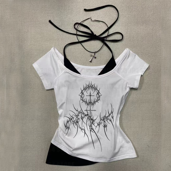 Y2K retro women's T-shirt, Harajuku aesthetic white and black garbage art printed T-shirt, Gothic clothing anime pattern T-shi