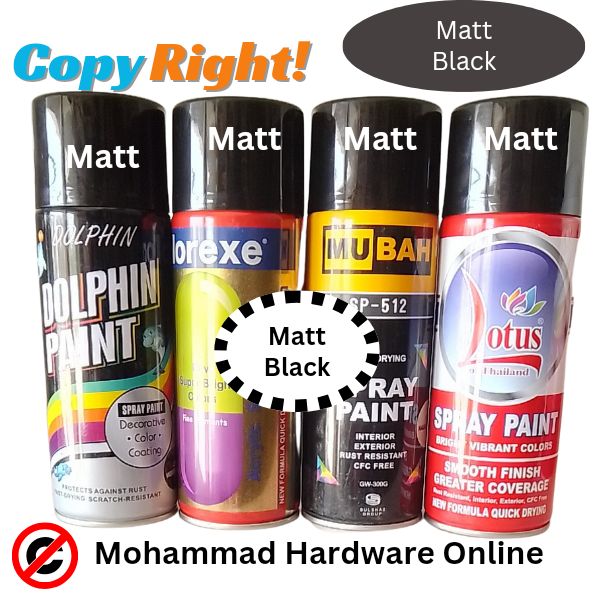 Acrylic Spray Paint (1 bottle only ), Mat Black & Black . For wood, metal, ceramic , plastic, glass, paper, Touchups on cars and bikes, arts and crafts, carboard. Available in dolphin, Win plus, mubah, colorexe, lotus and other brands
