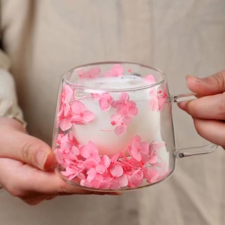 Double Wall High Borosilicate Clear Glass Cup Dried Flowers Glass Tea Cup Coffee Mug with Handle Heat Resistant Tea Cups
