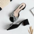 | Women's Floral Print Flat Slides, Elegant Bow Design Square Open Toe Shoes, Casual Summer Slide Sandals woman fashion shoes back and Blue new fashion shoes design. 
