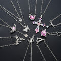 9 Pcs Women's Elegant Zircon Pendants Necklace Set Fashion Pink Color Cross Butterfly Heart Bowknot Necklaces Party Jewelry .