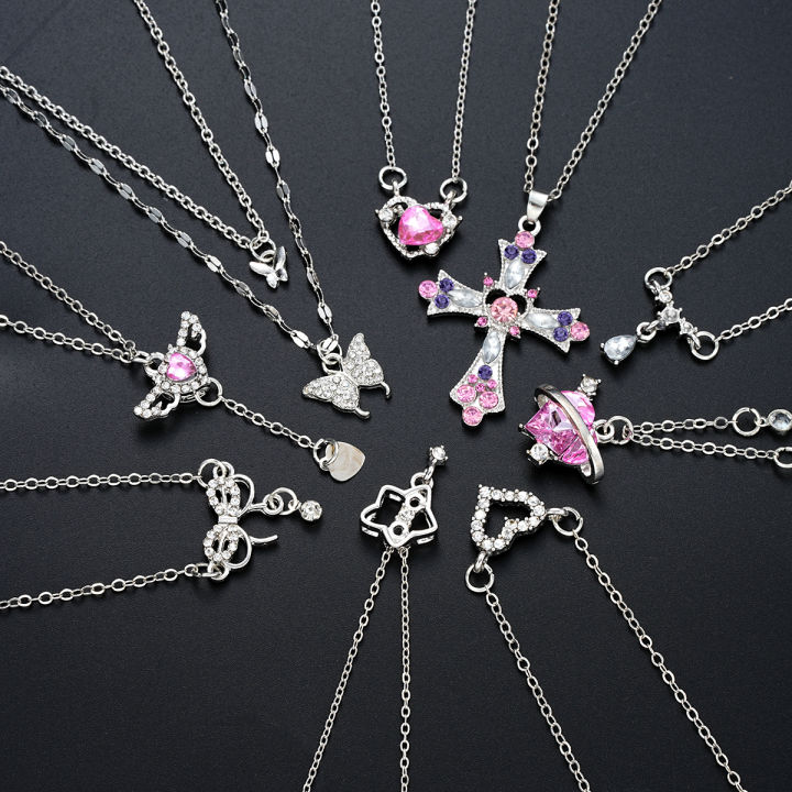 9%20Pcs%20Women's%20Elegant%20Zircon%20Pendants%20Necklace%20Set%20Fashion%20Pink%20Color%20Cross%20Butterfly%20Heart%20Bowknot%20Necklaces%20Party%20Jewelry%20%20-%20Image%202