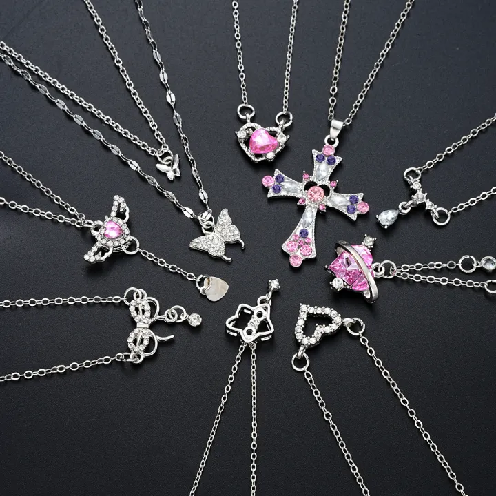 9%20Pcs%20Women's%20Elegant%20Zircon%20Pendants%20Necklace%20Set%20Fashion%20Pink%20Color%20Cross%20Butterfly%20Heart%20Bowknot%20Necklaces%20Party%20Jewelry%20%20-%20Image%202