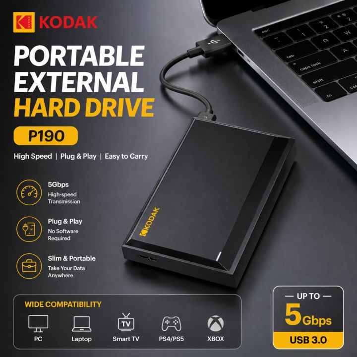 KODAK 2.5inch HDD 1TB Portable SSD 2TB Hard Drive 5Gbps USB3.0 High Speed HDD for PS5 PS4 Laptop Desktop
