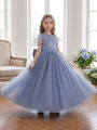 Tween Girl Grey Blue Wedding Flower Girl Dress with Removable Butterfly Knot Decorative Belt, Small Shawl with Floral Embroidery. 