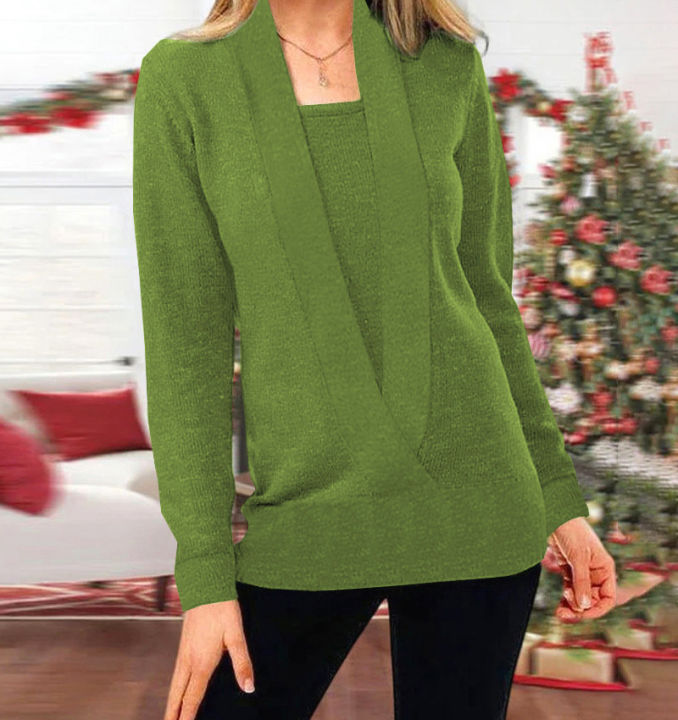 2024%20new%20knitted%20pure%20color%20deep%20V-neck%20long-sleeved%20fake%20two-piece%20sweater%20women's%20jacket%20-%20Image%202