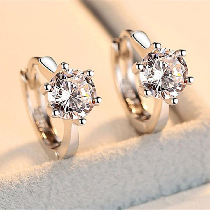 Huitan Simple Small Hoop Earring Inlaid Classic 6 Prong Solitaire Shiny Zircon Elegant Accessories Daily Wearable Women Earrings