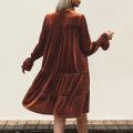 Women Elegant Velvet Dress Long Sleeve Solid Loose High Waist V-Neck Midi Dresses Evening Party Chic Lady Robe Christmas Clothes. 