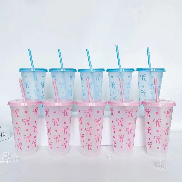 Reusable Plastic Cups With Pink Ribbons, 24 Ounces With Straws And Lids. For Parties, Drinking, Coffee, Weddings, Birthdays