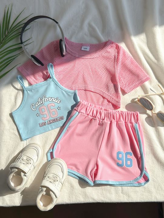 Outdoor Sports Clothes Tennis Clothes Running Clothes Basketball Clothes Sweet Cute Loose 3-Piece Set Digital Print Baby Girl