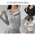 Womens Long Sleeve T Shirts Button V Neck Solid Color Ladies Slim Fit Fashion T-Shirt Women's Casual Basic Cropped Tops.