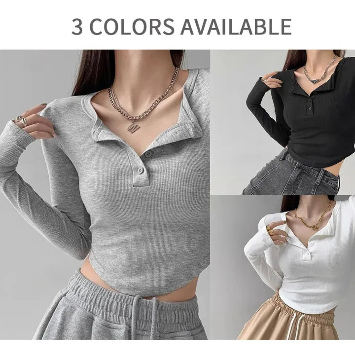 Womens%20Long%20Sleeve%20T%20Shirts%20Button%20V%20Neck%20Solid%20Color%20Ladies%20Slim%20Fit%20Fashion%20T-Shirt%20Women's%20Casual%20Basic%20Cropped%20Tops%20-%20Image%205