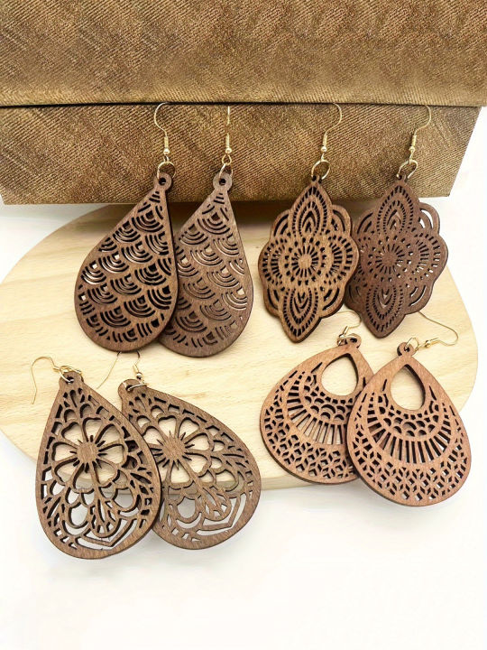 4 Pairs/ Set Vintage Carved Flower Pattern Dangle Earrings Elegant Retro Style Wooden Jewelry Delicate Female 