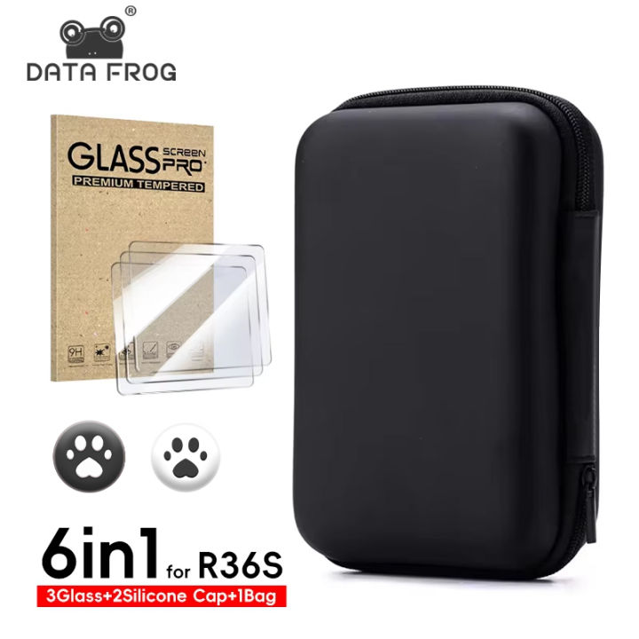 DATA FROG 6 IN 1 Protective Set for R36S Game Console Carrying Case with Tempered Glass Screen Protector Full Kit