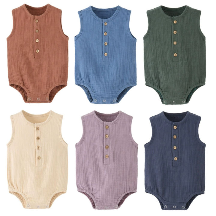 Summer Solid Newborn Baby 100% Cotton Linen Bodysuits Boy Girl Sleeveless Romper Jumpsuit Soft Skin-friendly Thin Comfy