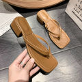 Flip-flops Women's Outer Wear 2025 New Summer Seaside Square Head Middle Heel Beach with Skirt Pinch Foot Cool Slippers. 