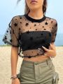 Summer Outfits Star Print Drop Shoulder Crop Mesh Top Without Camisole. 