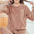 2025 Autumn/Winter Casual Women's Velvet Pajama Round Neck Set Loose Warm Top Elastic Pants Home Warm Wool Set. 