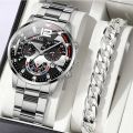 2pcs Luxury Mens Silver Quartz Watch With Stainless Steel Bracelet Men Fashion Business Casual Watch Luminous Clock. 