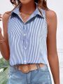 Plus Size 2025 Casual Women Blue Striped Sleeveless Shirt Oversize Breathable Female Clothing Office Lady Summer Top.