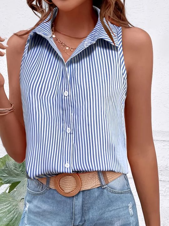Plus Size 2025 Casual Women Blue Striped Sleeveless Shirt Oversize Breathable Female Clothing Office Lady Summer Top