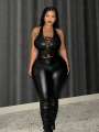 Leather Crop Top for Women with Hanging Neck Strap Hollow out Belted Waist Tight Strap Vest Large Size European Style. 