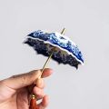 1pc Ceramic Tea Strainer - Blue & White Umbrella Design with Tassel, Compact for Office/Home Decor,for Kung Fu Tea Sets.
