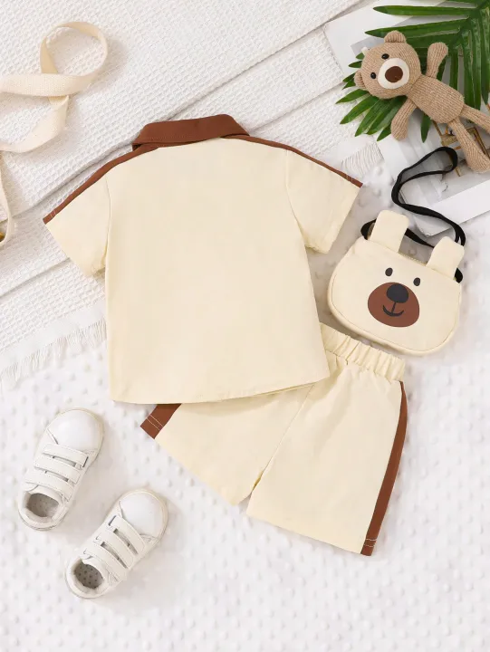 Toddler%20Bear%20Print%203-Piece%20Outfit,%20Beige%20&%20Brown%20Polo%20Shirt%20+%20Shorts%20+%20Crossbody%20Bag,%20Baby%20Boy%20Summer%20Casual%20Clothing%20Set%20-%20Image%202