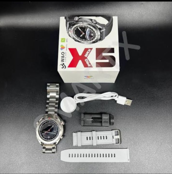 x5 Pro max smart watch with chain strap and adjuster with wireless charger and many features on it with a round dial