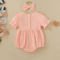Summer female infant pink short-sleeved solid color Romper and headgear two-piece set sweet and cute. 