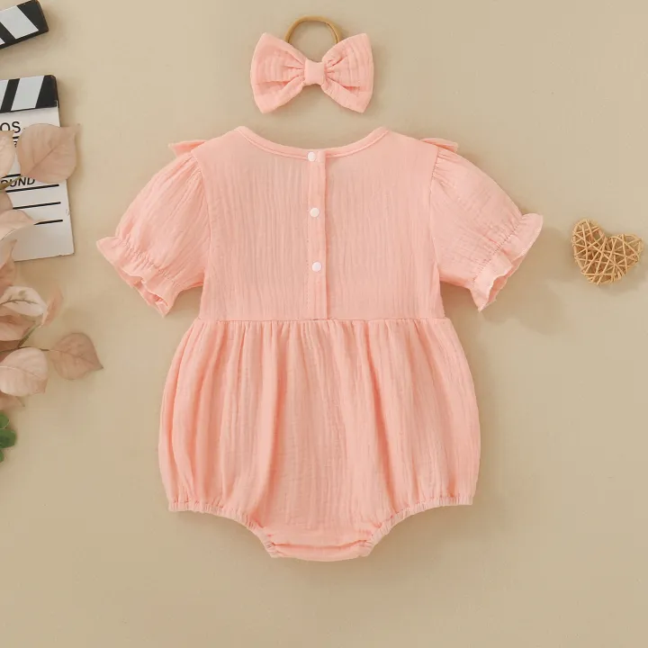 Summer%20female%20infant%20pink%20short-sleeved%20solid%20color%20Romper%20and%20headgear%20two-piece%20set%20sweet%20and%20cute%20-%20Image%202