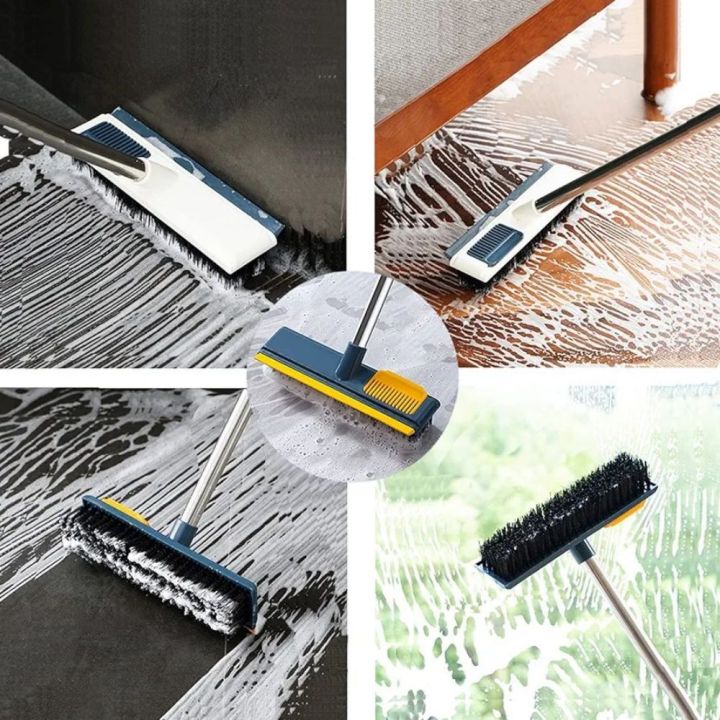 Floor Scrubbing Brush with Long Handle,Squeegee and Comb，Hard Bristle Sweeping Broom for Tiles,Cleaning Pet Hairs, Sofa, Window, Carpet, Bathroom and Hard-to-Reach Corners