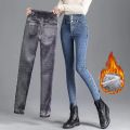 Winter Girls High Waist Plush Thermal Jeans Lady Skinny Snow Warm Denim Trousers Women Classic Daily Fleece Straight Leg Pants. 