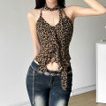 Leopard Fashion Lace Up Halter Tank Top for Women Irregular Ruffled Slim Spicy Girl Short Top Summer Camisole Vest Y2k Clothing. 