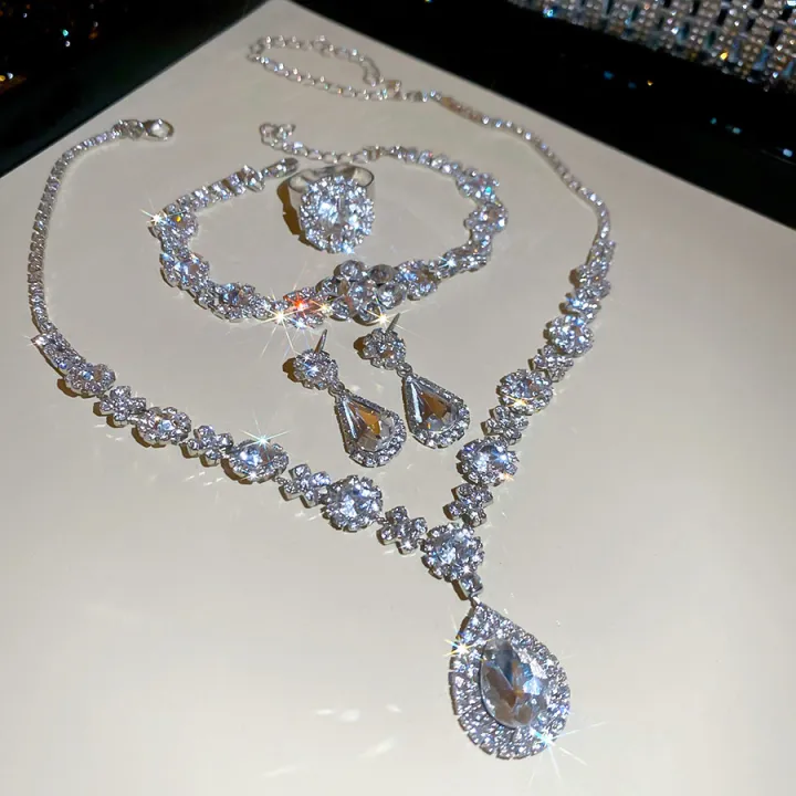 Multi-style%204%20Pcs%20Water%20Drop%20Rhinestones%20Pendant%20Necklaces%20for%20Women%20Shiny%20Flower%20Chains%20Bracelets%20Earrings%20Rings%20Jewelry%20Sets%20K%20-%20Image%205