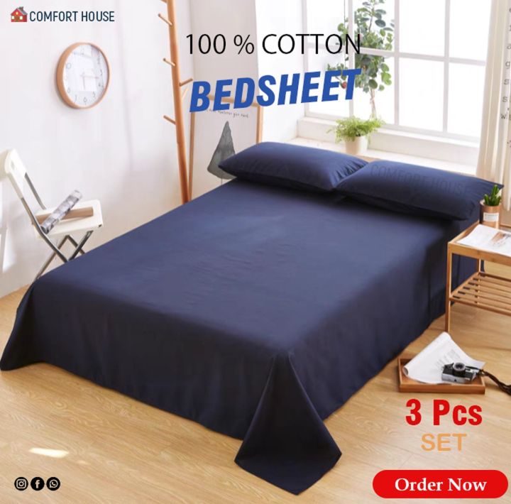 Navy%20Blue%20Colour%20King%20Size%20Bed%20Sheet%20With%202%20Pcs%20Pillow%20Cover%20-%20Bed%20Sheet%20-%20Image%202