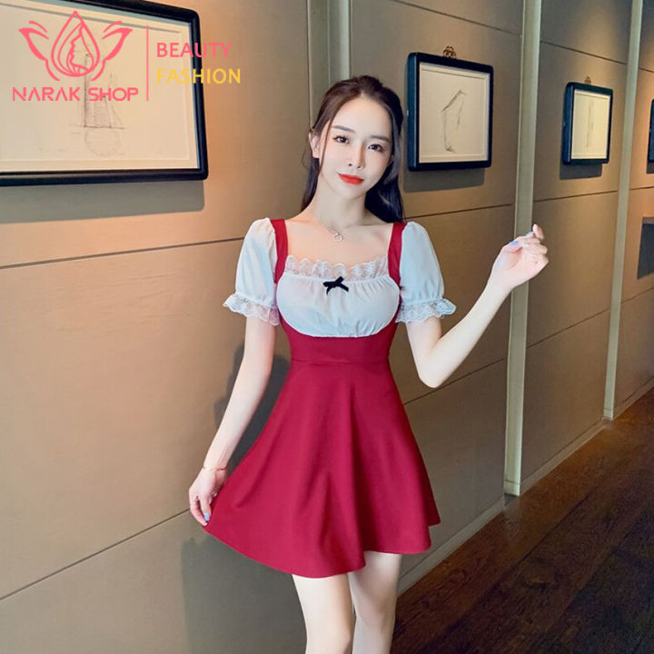 Sexy lace ruffle French square neck mini dress cute tutu dress Valentine red dress