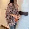2025 Spring V-neck Chiffon Shirt Women Sweet Tops Blouse New Korean Floral Print Long Sleeve Casual Loose Slim Lady Clothes 9307. 
