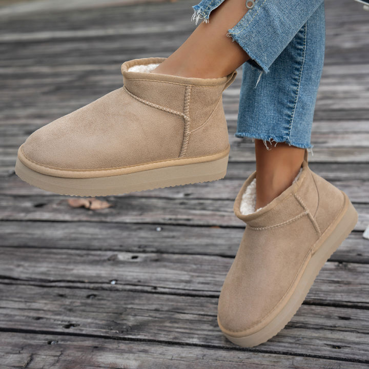 Women's winter casual solid color basic plush ankle boots Warm and windproof slip-on boots Comfortable and non-slip EVA outsole