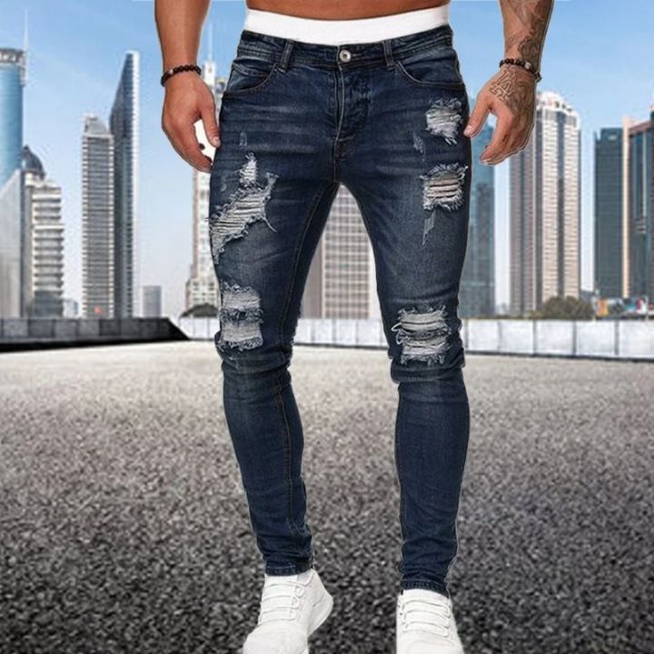 2024 New Ripped Skinny Jeans Men Vintage Wash Elastic Biker Holes