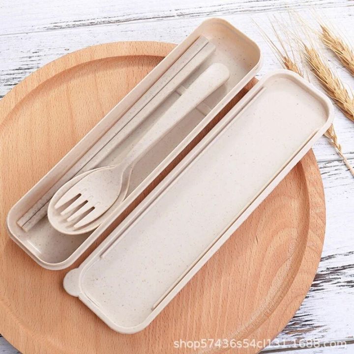 Cutlery Wheat Straw Spoon Fork Chopsticks With Box Students Tableware Travel Portable Dinnerware Kitchen Accessories