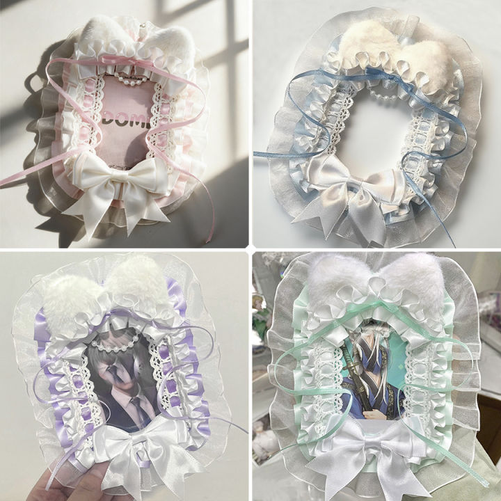 1Pc Plush Lace Photo Card Holder, Available in Yellow, Blue, Green, Purple, Pink, Featuring Cartoon Anime Characters, Suitable for Displaying and Holding Small Cards, Can Be Hung on a Backpack or Used as a Decorative Card Holder for Ita Bags