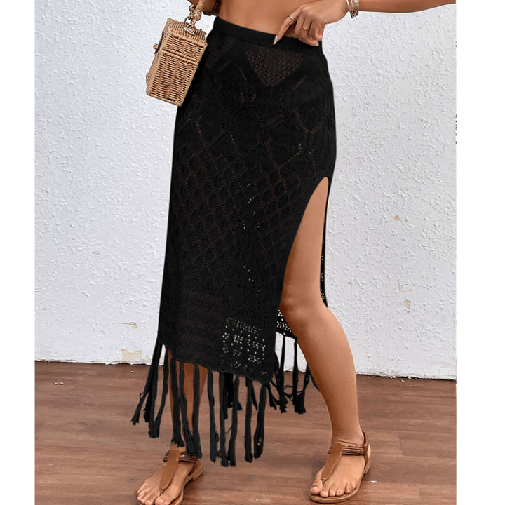 Women%20Knitted%20Texture%20Sarong%20Skirts%20%20High%20Slit%20Tassel%20Cover-Up%20Beach%20Summer%20Vacation%20Wrapped%20Skirt%20Bikini%20Cover%20Up%20-%20Image%205