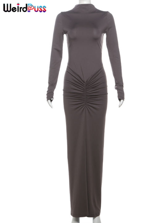 Weird%20Puss%20Hipster%20Ruched%20Dress%20Women%20O-Neck%20Full%20Sleeve%20Skinny%20Stretch%20Robe%20Autumn%20Trend%20Simple%20Classic%20Pleats%20Long%20Bodycon%20-%20Image%207