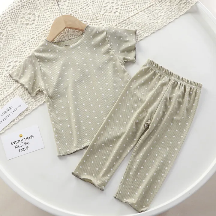 Korean%20version%20of%20summer%20girls%20short-sleeved%20suit%20comfortable%20air%20conditioning%20suit%20baby%20girl%20ice%20silk%20polka%20dot%20home%20clothes%20-%20Image%205