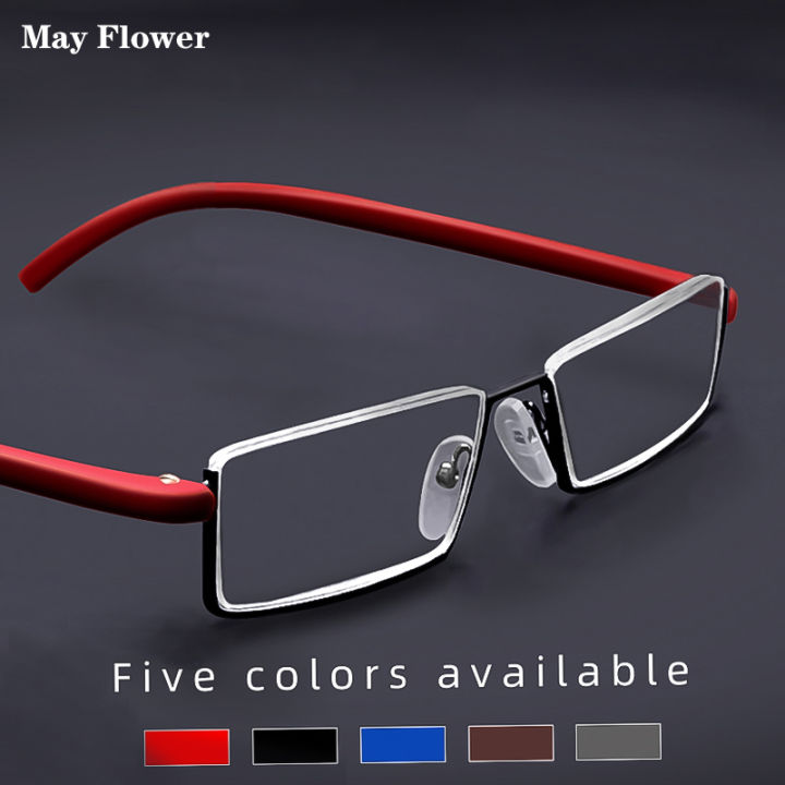 May Flower Metal Anti-Blue Light Reading Glasses Men Half Frame Prescription Eyeglasses Male TR90 Eyewear With Case óculos +1.75